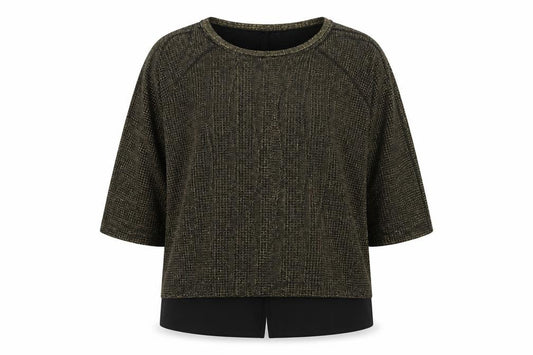 Front view of Oasis women’s gold polyester basic blouse, size L, round neck