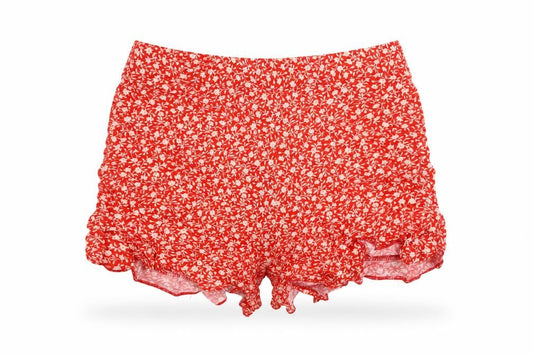 Front view of New Look women’s red floral viscose hot pants shorts, size UK 8, 3-inch leg regular zip