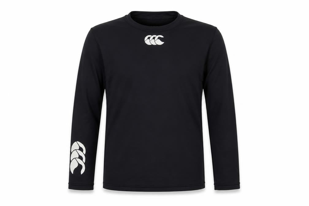 Front view of Canterbury girls’ black polyester pullover t-shirt, size 7-8, years crew neck pullover