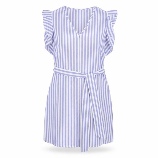 Front view of SHEIN women’s blue striped cotton a-line, size S, v-neck pullover