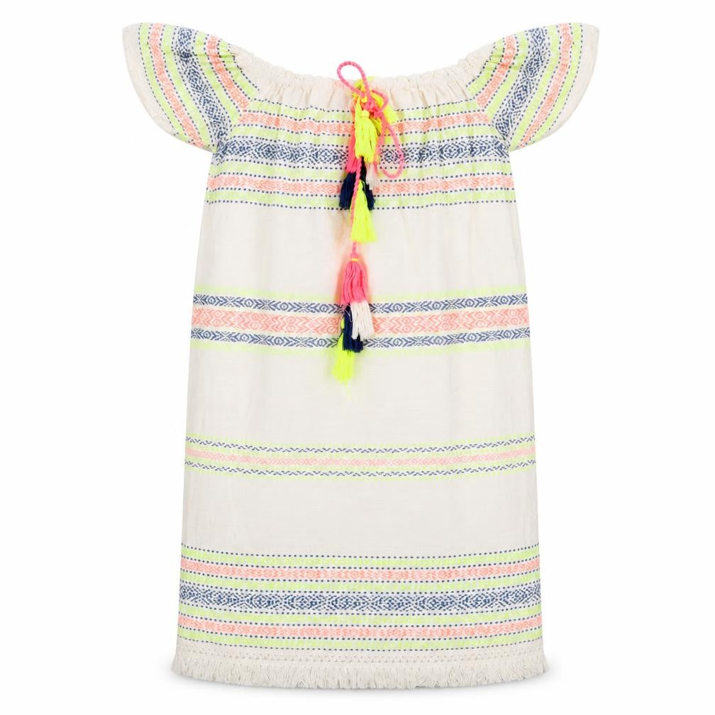 Front view of Primark women’s ivory striped cotton tunic blouse, size UK 4, off the shoulder