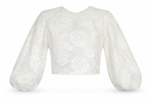 Front view of ASOS women’s white floral cotton cropped blouse, size UK 10, round neck - corset back