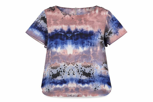 Front view of Amphora women’s multicoloured geometric polyester basic blouse, size UK 12, boat neck