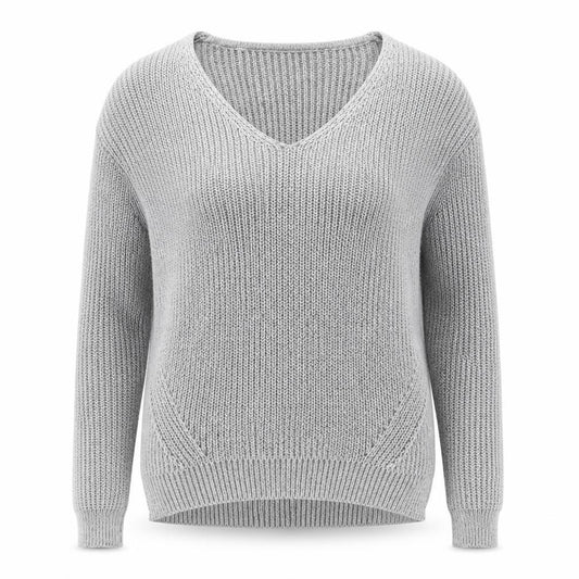 Front view of Primark women’s grey v-neck polyester jumper, size UK 6