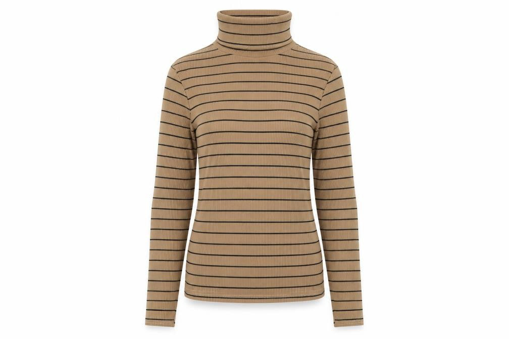 Front view of New Look women’s brown roll neck striped polyester jumper, size UK 8
