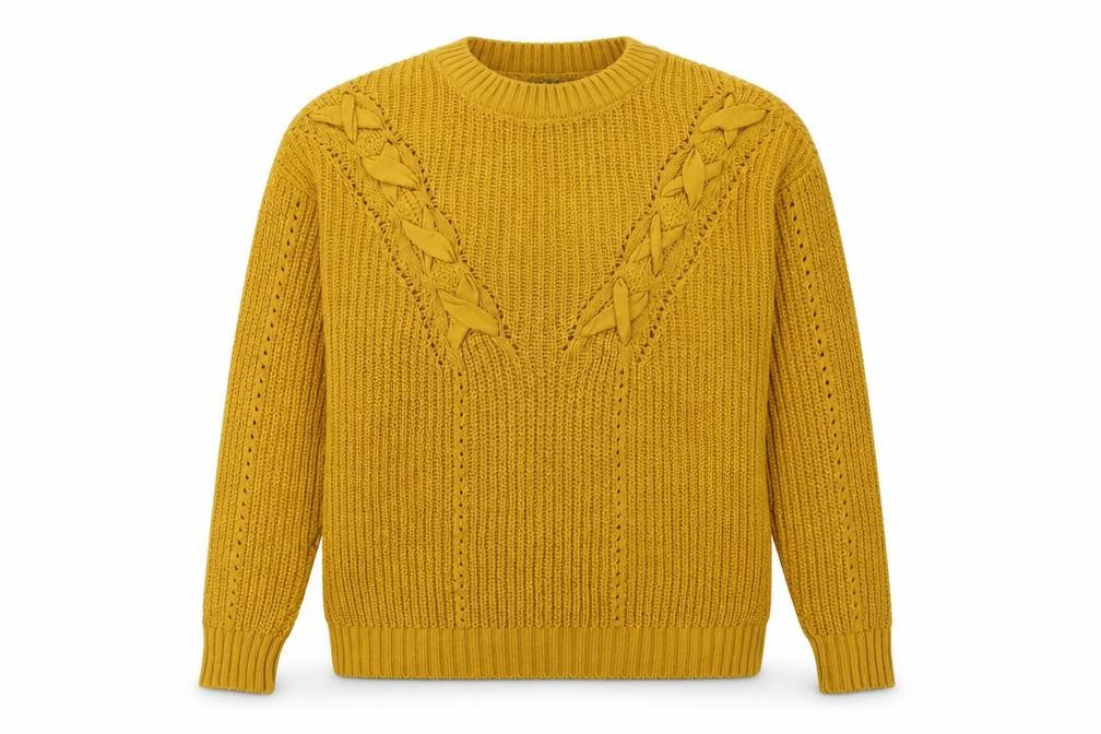Front view of Primark women’s yellow round neck acrylic jumper, size UK 4