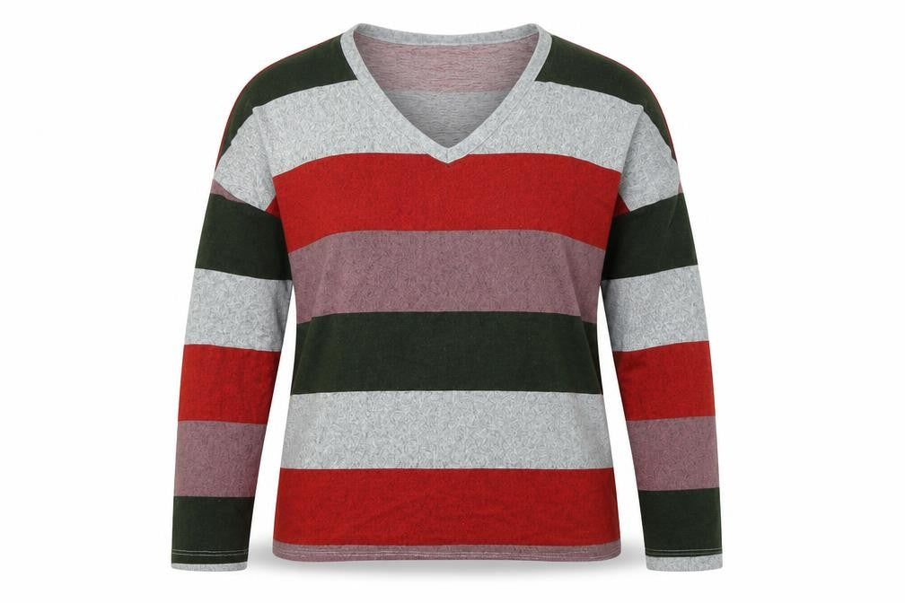 Front view of JDY women’s multicoloured v-neck striped polyester jumper, size S