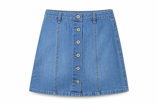 Front view of New Look women’s blue cotton a-line skirt, size UK 8, button