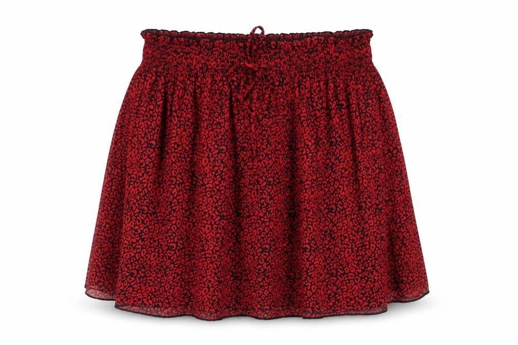 Front view of Dunnes women’s red animal print polyester flare skirt, size L, drawstring