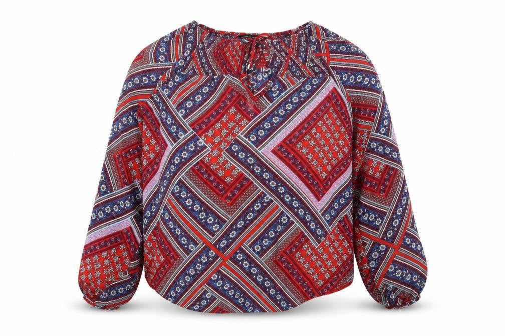 Front view of Dorothy Perkins women’s red geometric polyester basic blouse, size UK 10, scoop neck