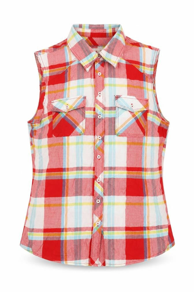 Front view of Dunnes women’s red plaid basic button-up, size UK 14, collared