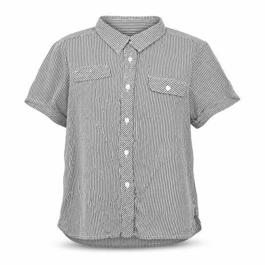 Front view of Cherie women’s black striped polyester basic button-up, size M, collared
