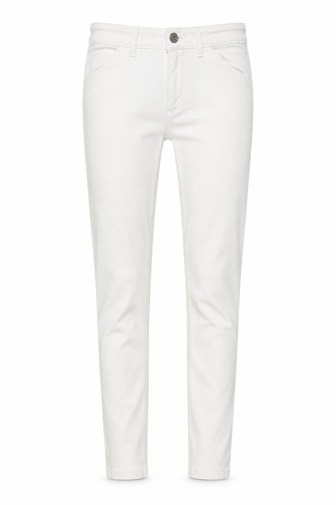 Front view of Oasis women’s white cotton skinny jeans, size S, 22-inch leg regular button