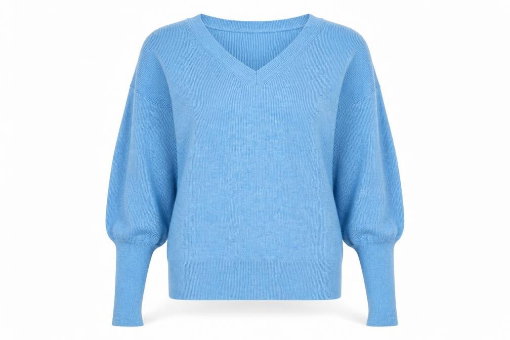 Front view of Marks & Spencer women’s blue v-neck polyester jumper, size M