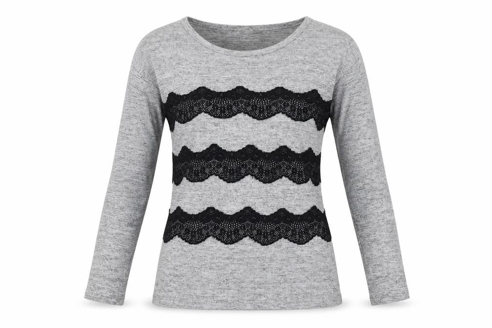 Front view of F&F women’s grey polyester basic blouse, size UK 8, round neck - lace detail