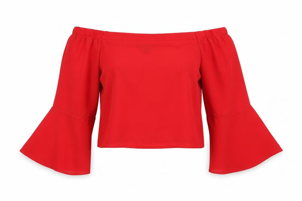 Front view of New Look women’s red polyester cropped blouse, size UK 10, square neck