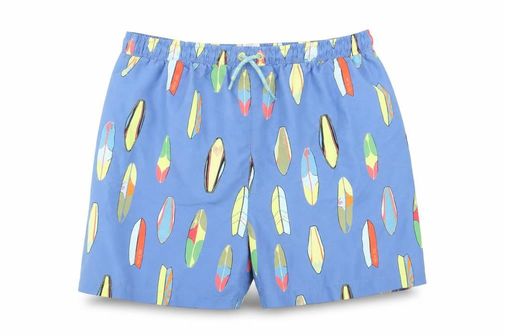 Front view of Dunnes women’s blue geometric polyester sweat shorts, size UK 26, in regular drawstring - surf boards