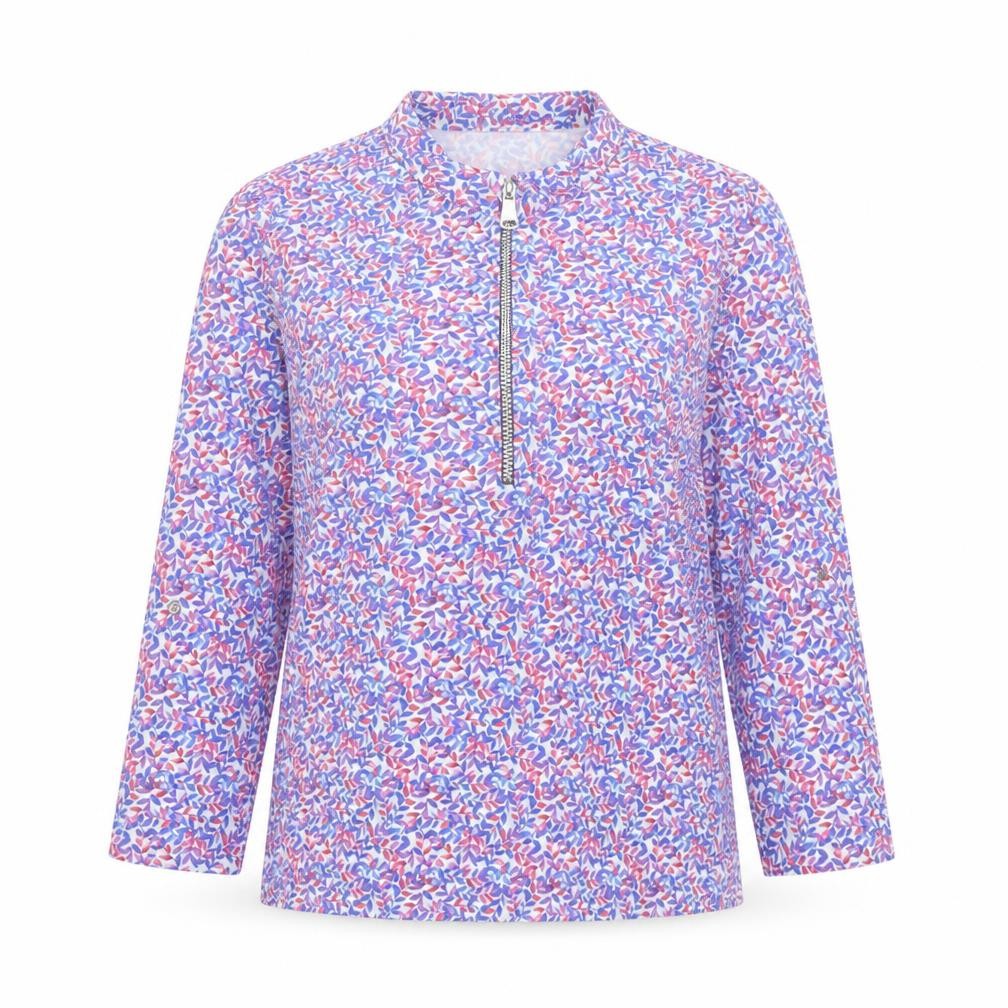 Front view of FM Collection women’s multicoloured geometric polyester basic t-shirt, size S, collared - 3/4 sleeves