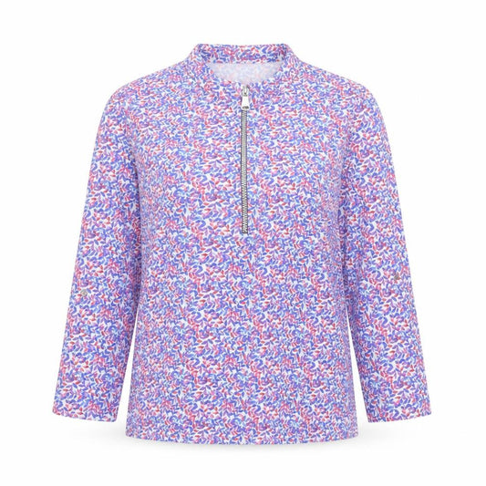 Front view of FM Collection women’s multicoloured geometric polyester basic t-shirt, size S, collared - 3/4 sleeves