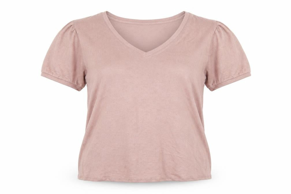Front view of Mod Ref women’s pink viscose basic t-shirt, size L, v-neck - tight knit