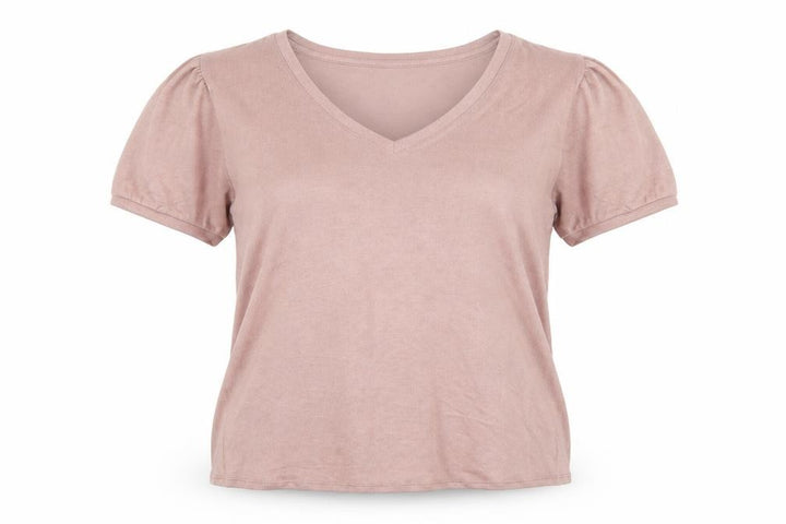 Front view of Mod Ref women’s pink viscose basic t-shirt, size L, v-neck - tight knit