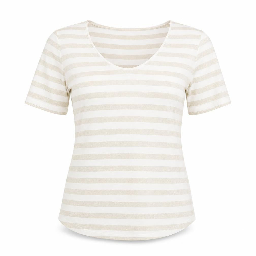 Esprit Womens Beige Striped Viscose Basic T-Shirt Size S Scoop Neck - Beige & Gold
