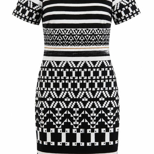 APANAGE Womens Black Geometric Polyester Pencil Dress Size 10 Crew Neck Pullover - Black, White & Gold