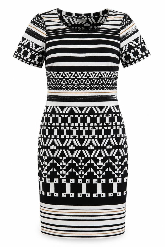 APANAGE Womens Black Geometric Polyester Pencil Dress Size 10 Crew Neck Pullover - Black, White & Gold
