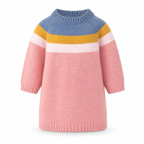 Marks and Spencer Girls Multicoloured Colourblock Cotton Jumper Dress Size 3-6 Months Round Neck Button