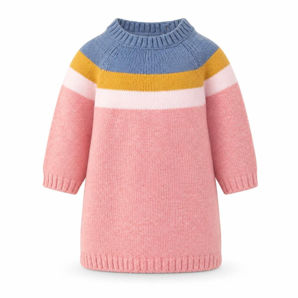 Marks and Spencer Girls Multicoloured Colourblock Cotton Jumper Dress Size 3-6 Months Round Neck Button