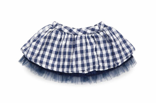 Front view of Marks & Spencer girls’ blue gingham polyester tutu skirt, size 9-12, months pull on