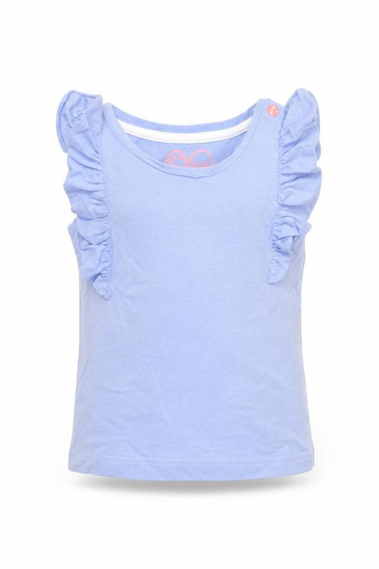 Front view of Mothercare girls’ blue cotton basic t-shirt, size 6-9, months round neck pullover