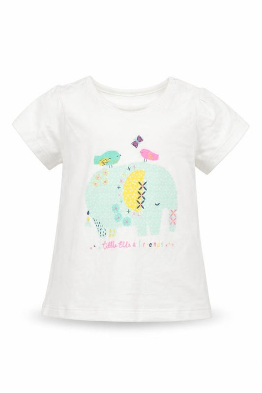 Front view of F&F girls’ white cotton basic t-shirt, size 12-18, months round neck pullover - ellie the elephant