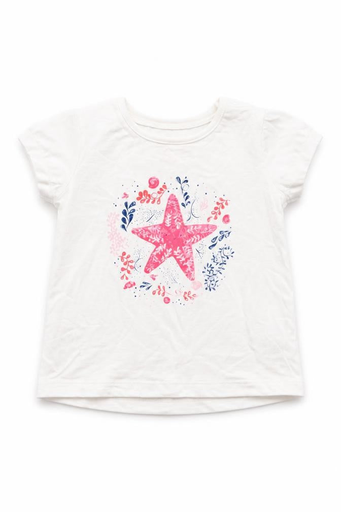 F&F Girls White Cotton Basic T-Shirt Size 9-12 Months Round Neck Pullover - Star