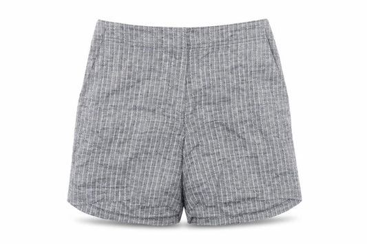 Front view of Dash women’s grey striped linen chino shorts, size UK 12, 7-inch leg regular hook & eye