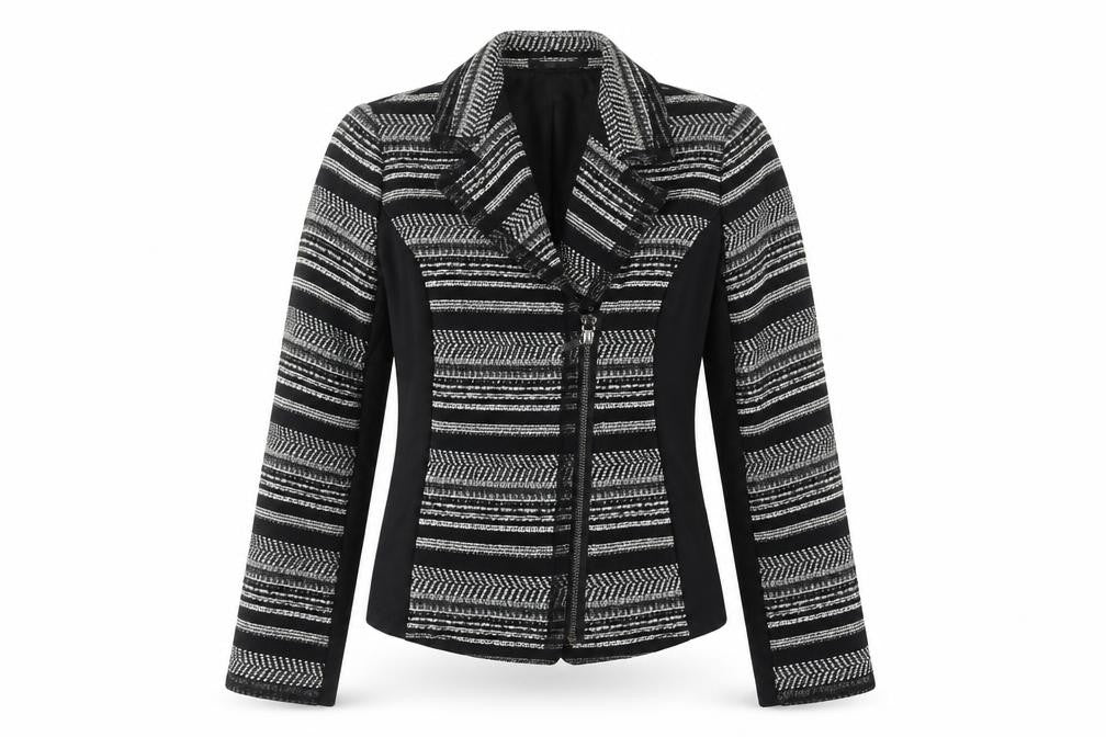 Front view of Per Una women’s green striped jacket blazer, size UK 10, zip