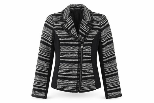 Front view of Per Una women’s green striped jacket blazer, size UK 10, zip