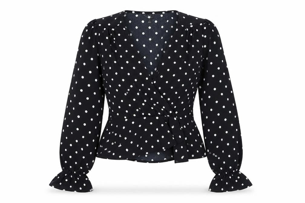 Front view of Miss Selfridge women’s black polka dot polyester basic blouse, size UK 8, v-neck