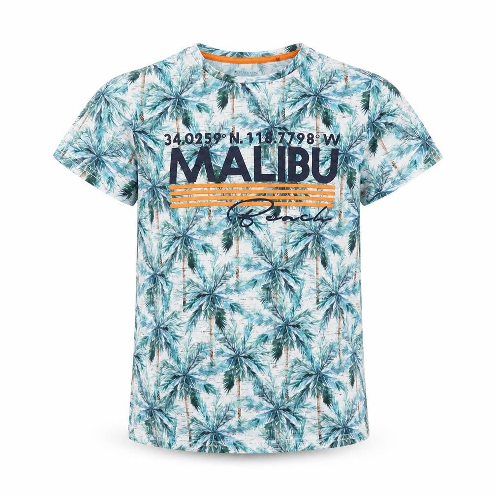 Front view of Primark boys’ green geometric polyester basic t-shirt, size 10-11, years round neck pullover - malibu