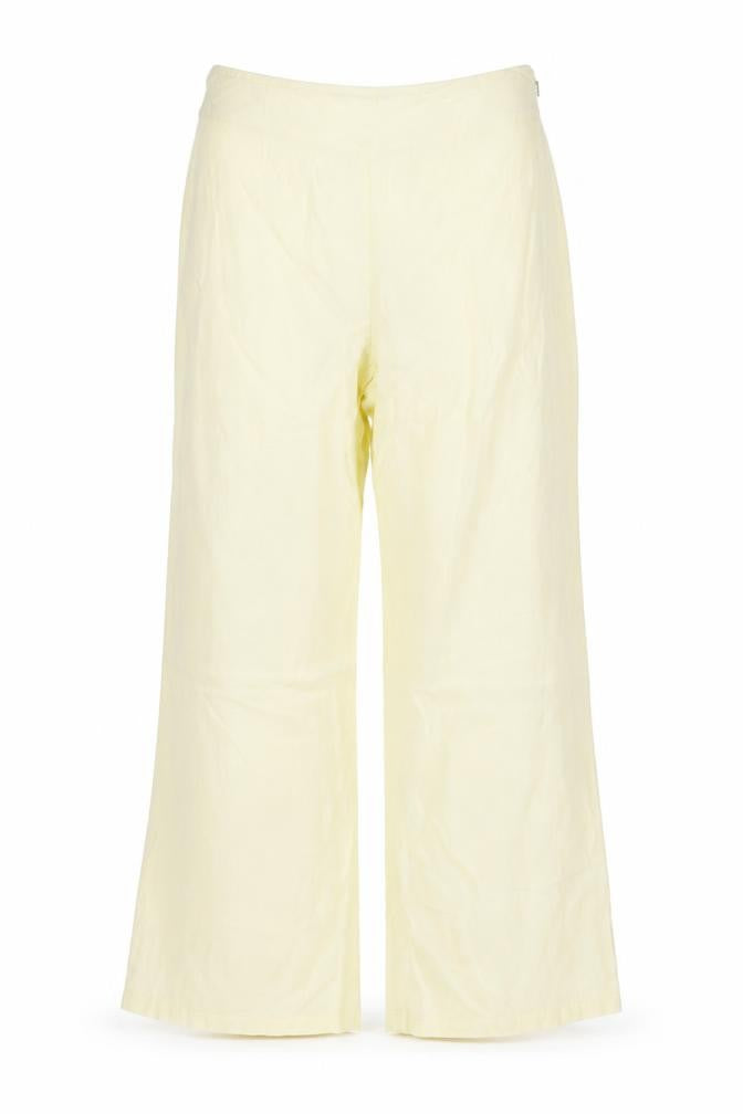 Front view of Michelle O'Doherty women’s yellow polyester trousers, size UK 8, 30-inch leg regular zip