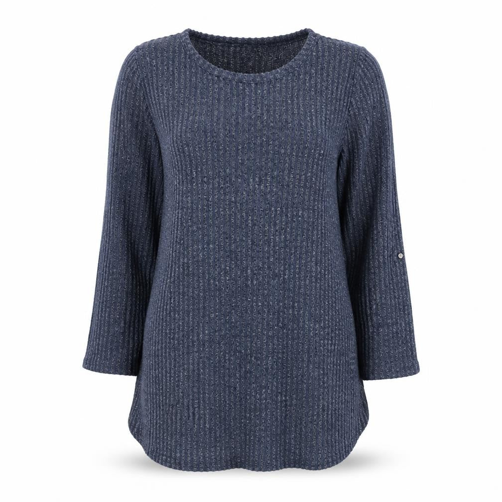 Front view of Preworn women’s blue round neck polyester jumper, size L