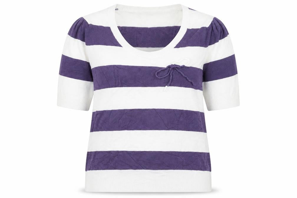 Front view of Planet women’s white round neck striped viscose jumper, size L