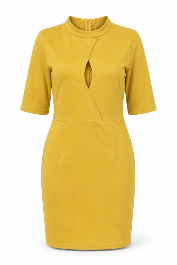 Front view of women’s yellow polyester bodycon, size M, round neck zip