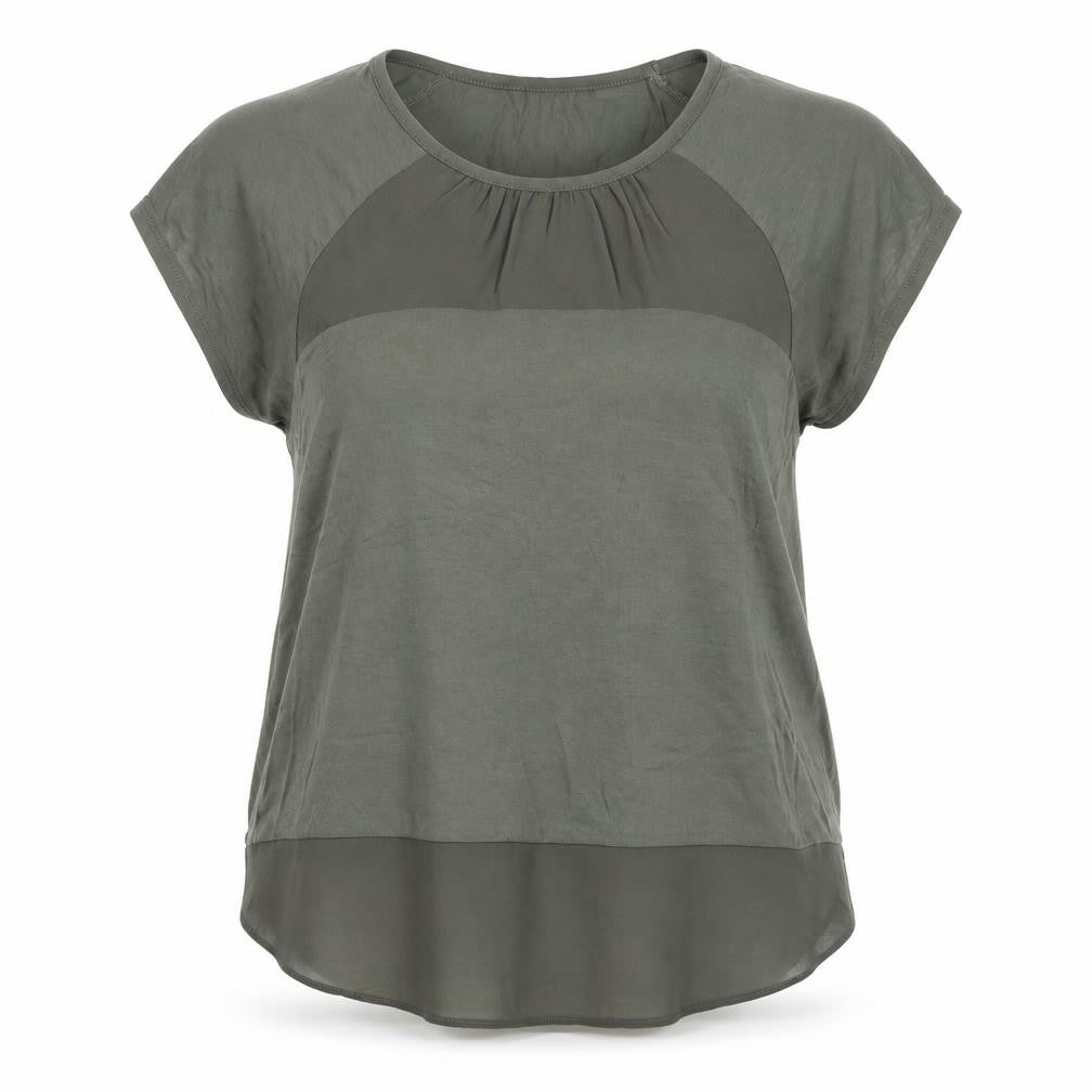 Front view of Miss women’s green viscose basic t-shirt, size M, crew neck