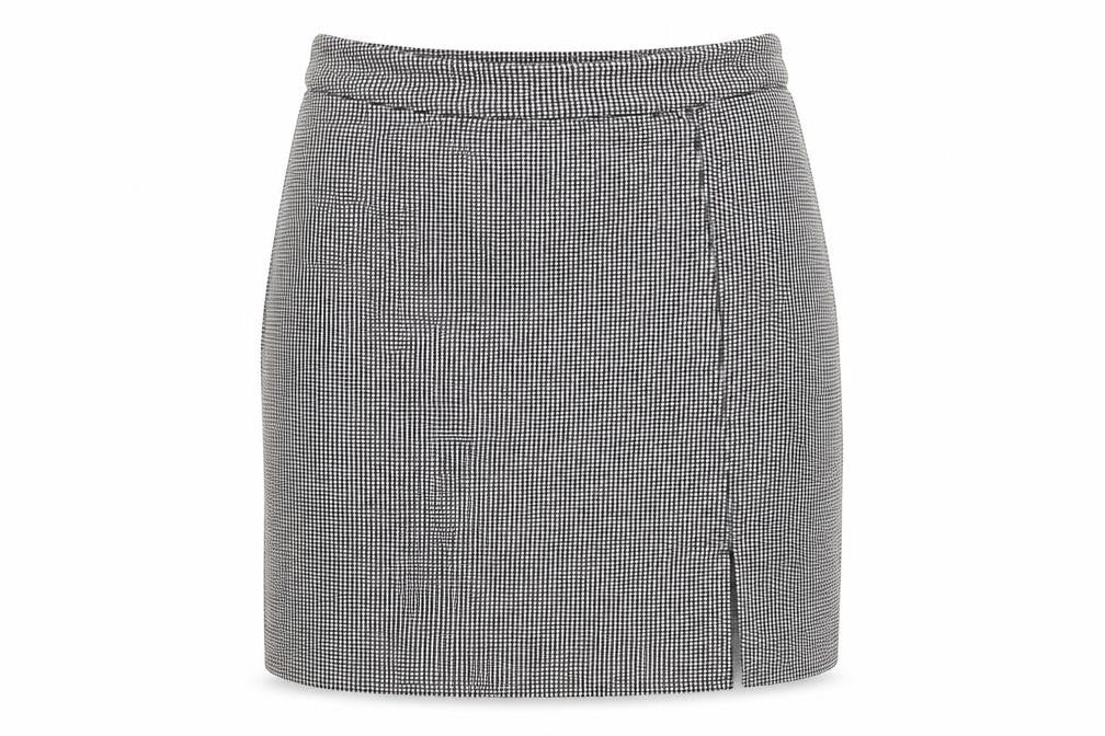 Front view of New Look women’s black geometric viscose mini skirt, size UK 10, zip