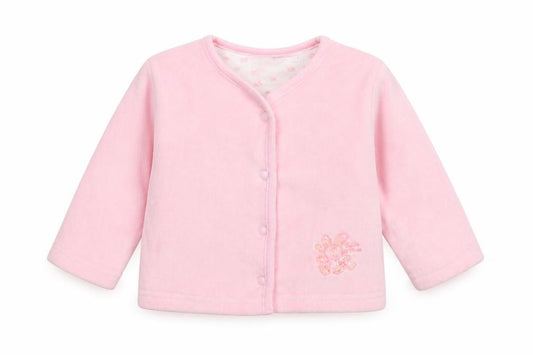 Front view of Early Days Baby Pink Cotton Cardigan Jumper, size 3-6, Months Snap - Bunny