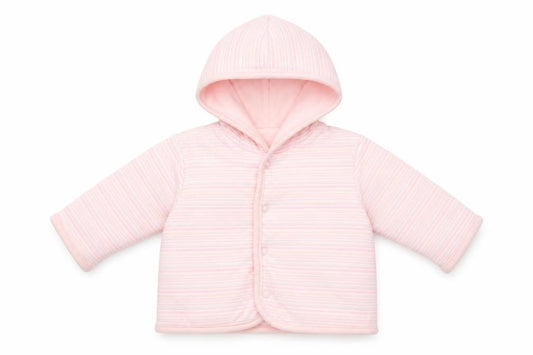 Front view of Little Bundle Baby Pink Striped Cotton Cardigan Jumper, size 3-6, Months Snap