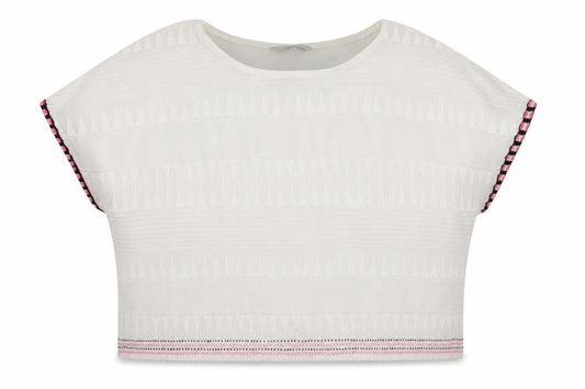 Front view of Next women’s white geometric polyester cropped blouse, size UK 12, boat neck