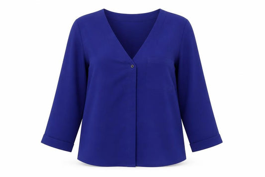 Front view of New Look women’s blue polyester basic button-up, size UK 6, v-neck