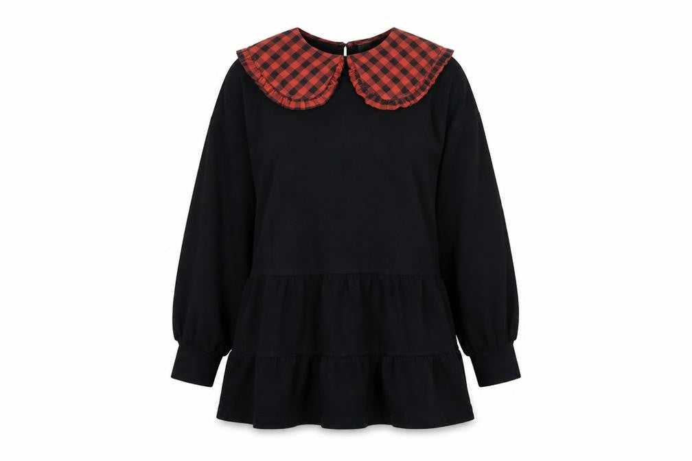 Front view of Violet women’s black check cotton pullover sweatshirt, size UK 14, pullover